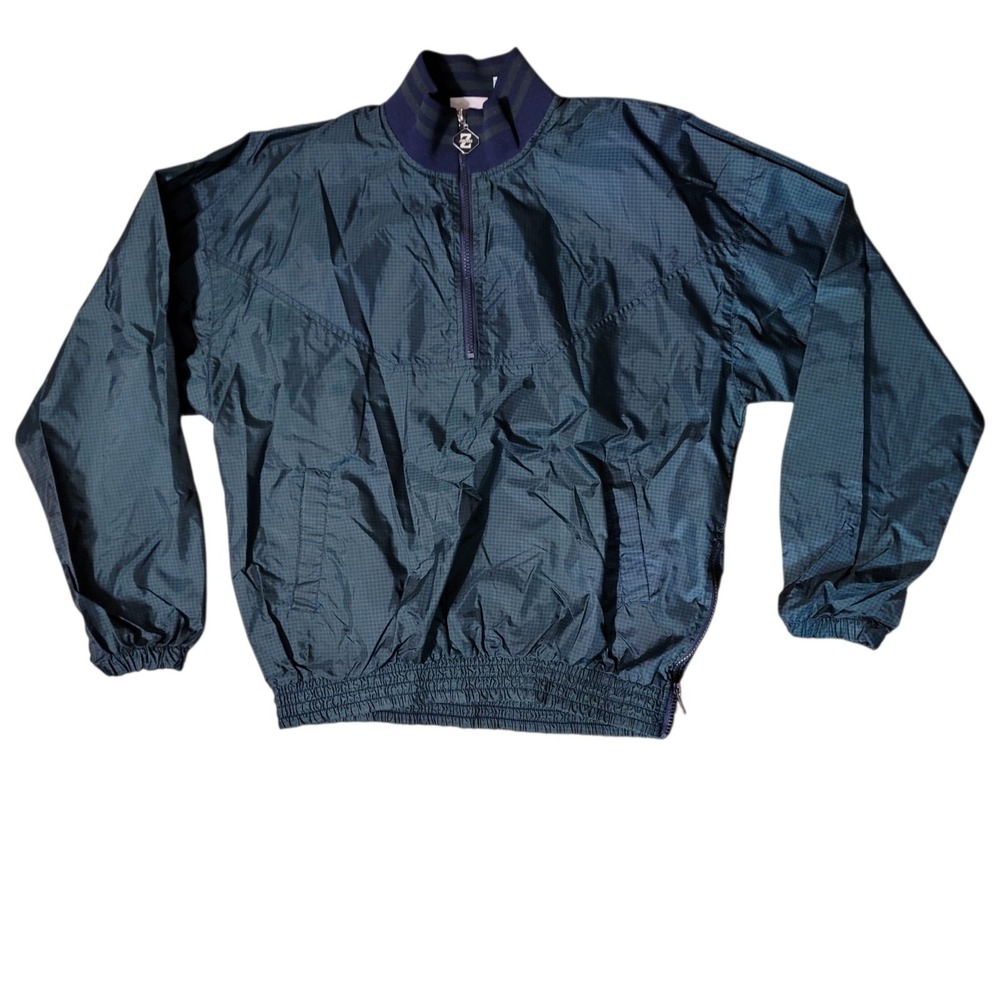 VTG Jerzees Windbreaker Jacket Men Med Green Blue Plaid 1/4 Zip Pullover 90s Y2K